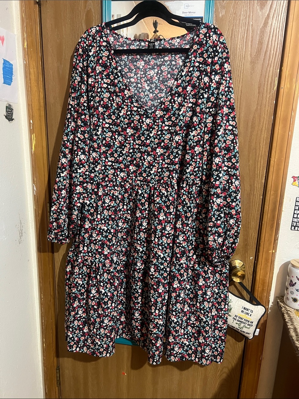 SHEIN Black Floral Fit+ Dress with Pink, Teal and White Flowers